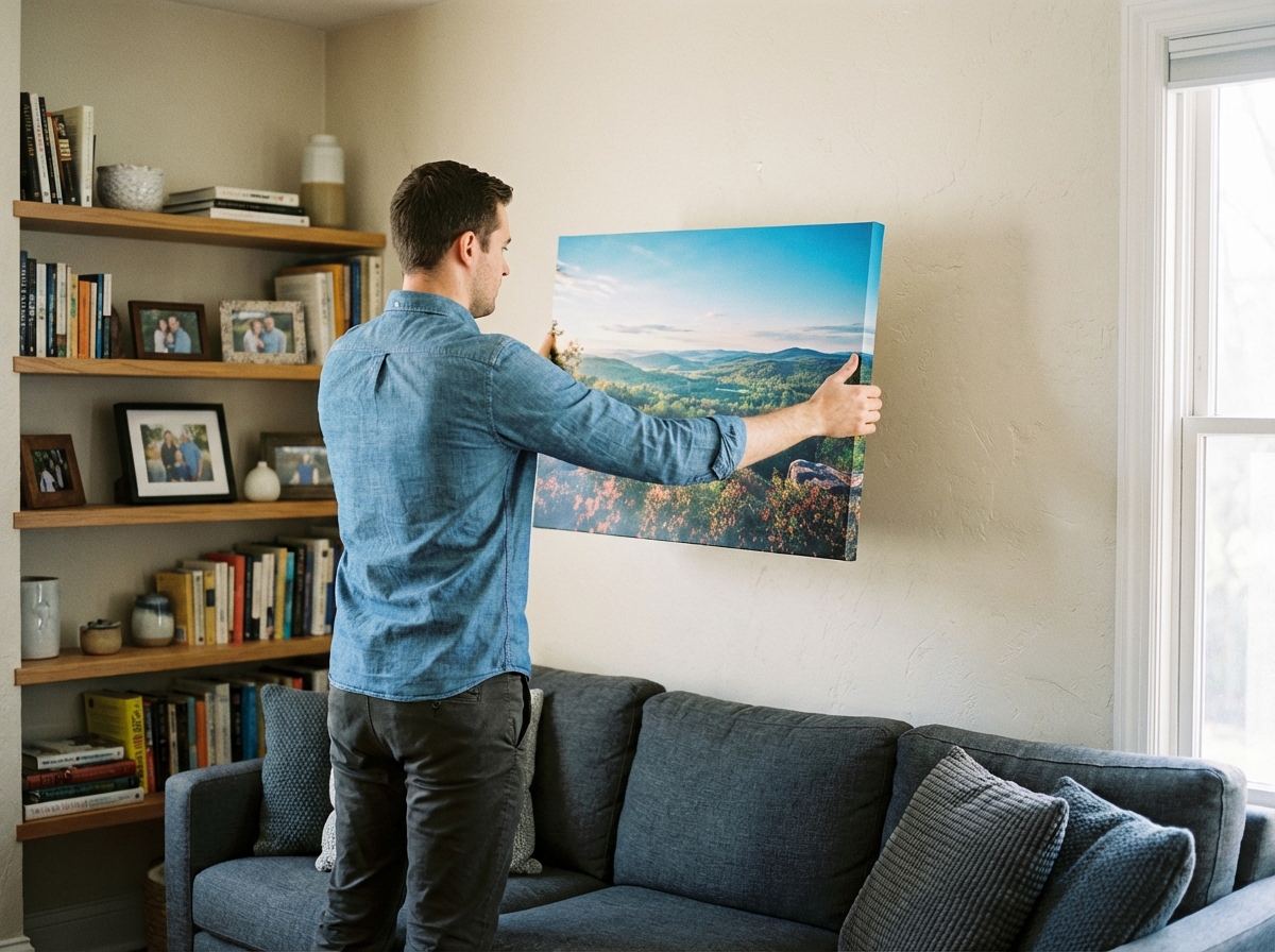 Homme accrochant un tableau coloré dans un salon lumineux