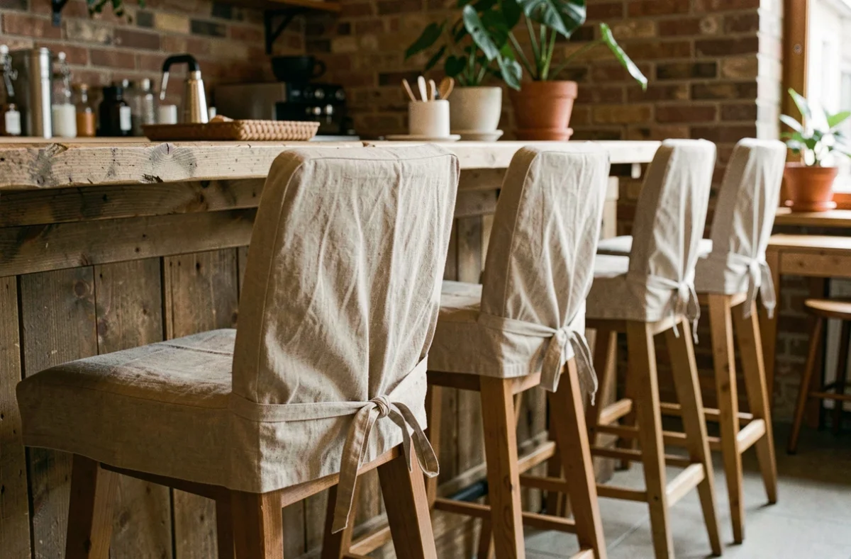 Housses de tabouret de bar en lin naturel dans un café scandinave avec comptoir en bois brut et mur en brique