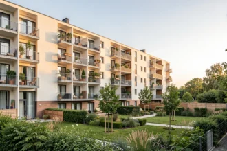 Immeuble de logements sociaux récent avec balcons et cour arborée