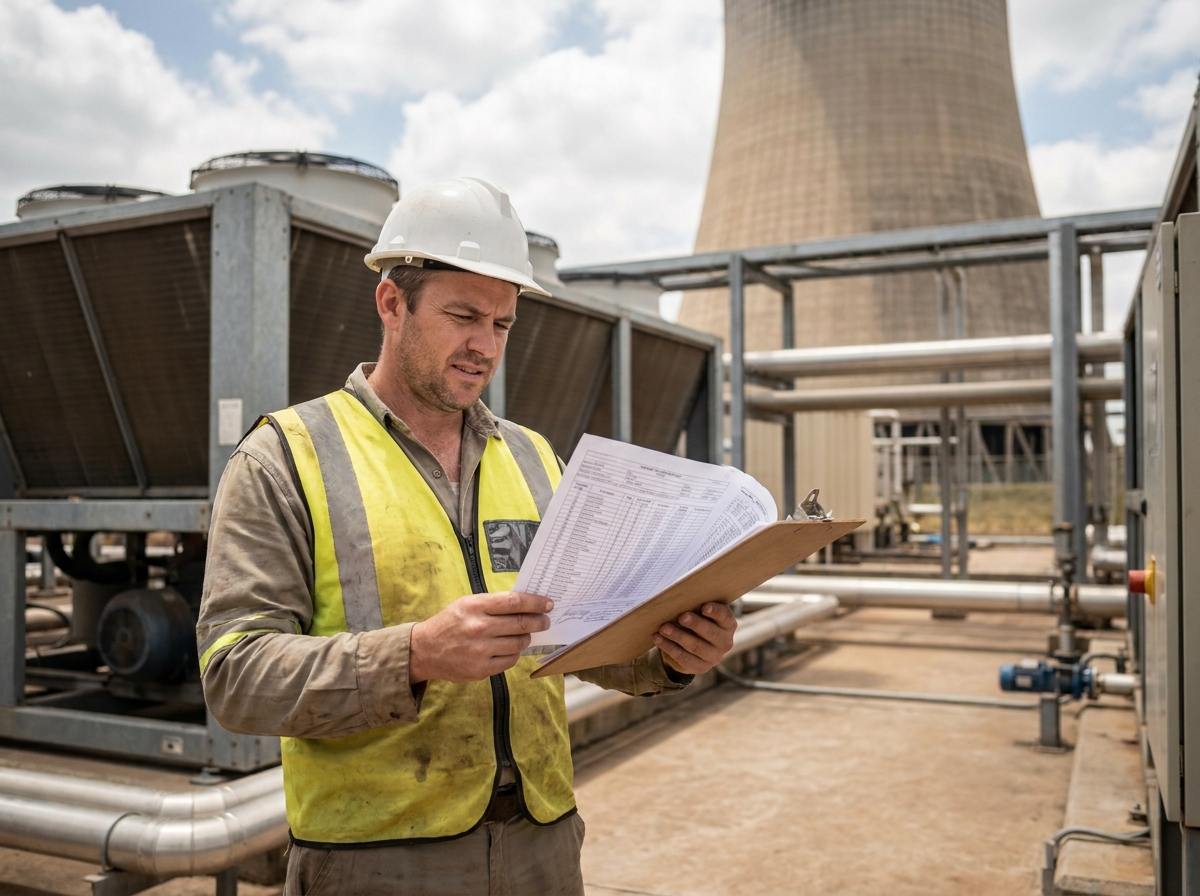 Ingénieur en génie climatique comparant un dry cooler et une tour aéroréfrigérante dans un site industriel avec document technique
