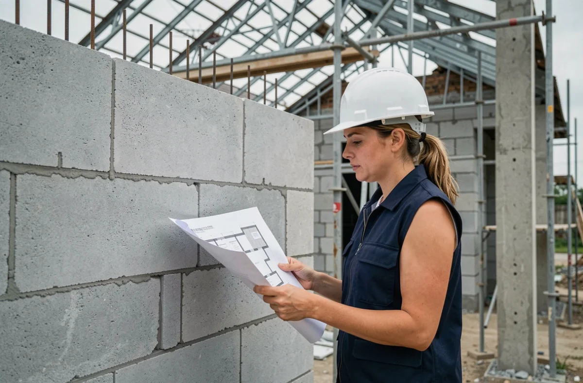 Ingénieure en structure inspectant un mur porteur en béton cellulaire sur un chantier résidentiel
