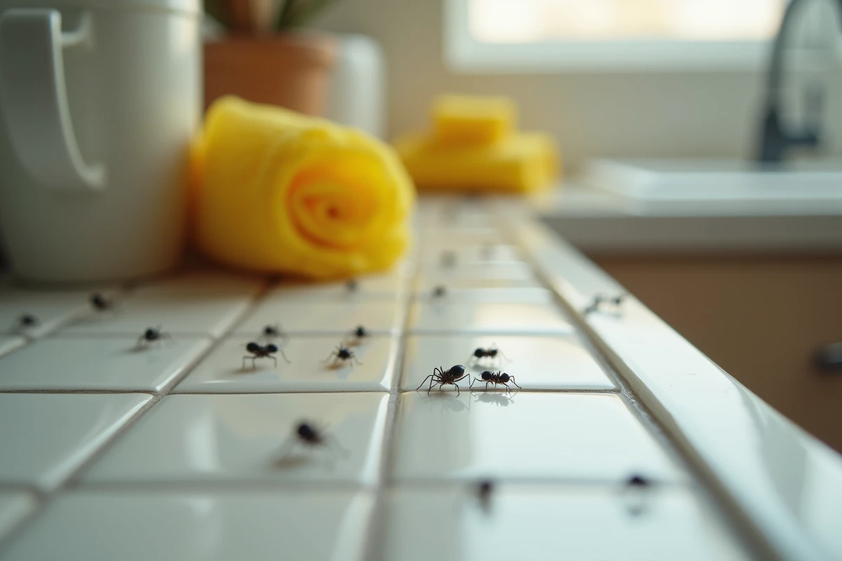 Insectes noirs sur le comptoir de cuisine avec éponge jaune