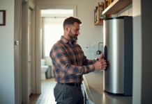 Prix d’un chauffe-eau thermodynamique : analyse des prix et des subventions disponibles Homme inspectant un chauffe-eau moderne dans une pièce lumineuse
