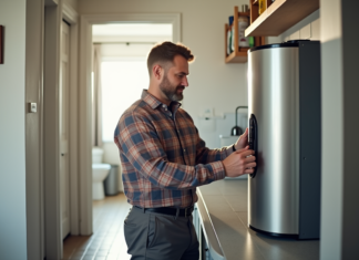 Prix d’un chauffe-eau thermodynamique : analyse des prix et des subventions disponibles Homme inspectant un chauffe-eau moderne dans une pièce lumineuse