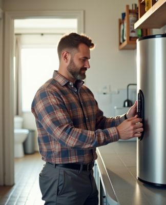 Homme inspectant un chauffe-eau moderne dans une pièce lumineuse