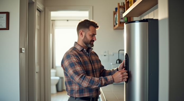 Homme inspectant un chauffe-eau moderne dans une pièce lumineuse