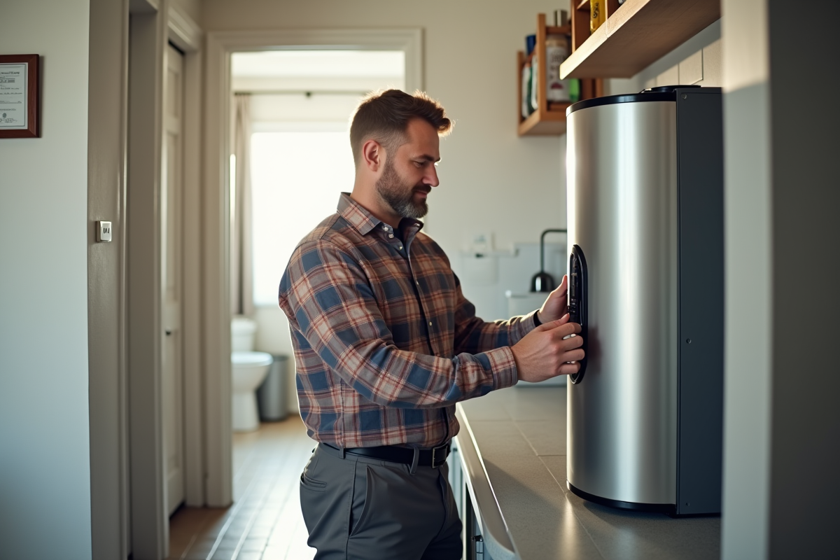Homme inspectant un chauffe-eau moderne dans une pièce lumineuse