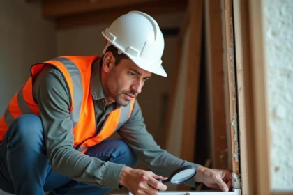 Inspecteur de chantier examinant un joint de mousse expansive autour d'un encadrement de porte lors d'un contrôle réglementaire