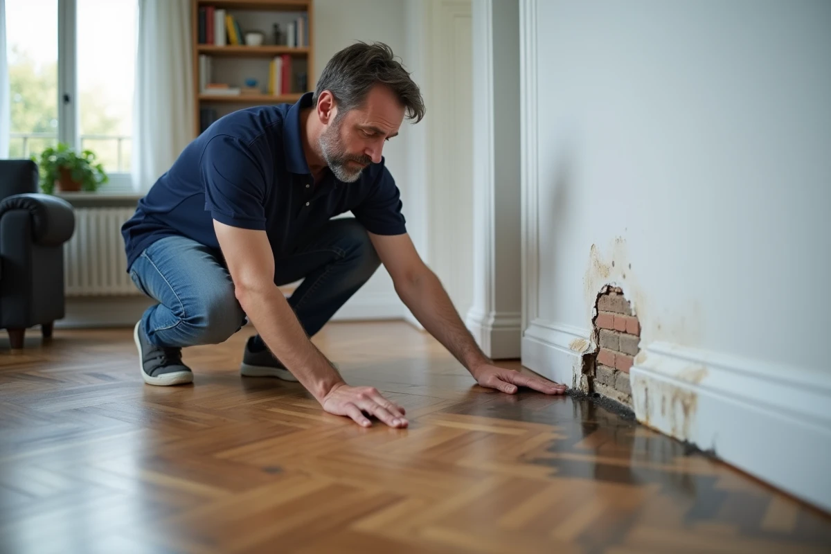 Homme inspectant des dégâts des eaux dans un appartement pour une déclaration d'assurance habitation