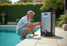 Filtration piscine : quel est le meilleur système ? Homme inspectant une filtration de piscine moderne en extérieur