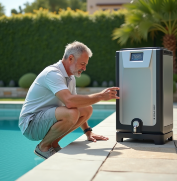 Homme inspectant une filtration de piscine moderne en extérieur