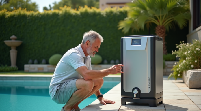 Homme inspectant une filtration de piscine moderne en extérieur