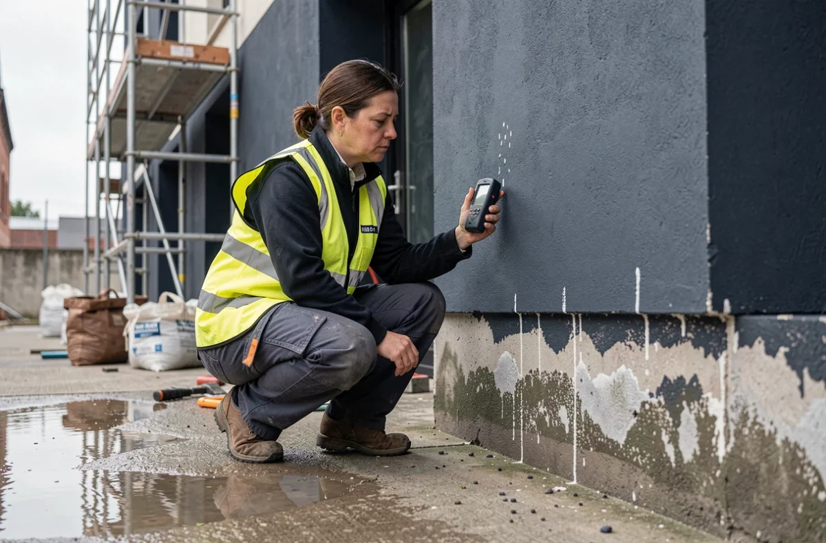 Inspectrice en bâtiment mesurant le taux d'humidité d'une façade endommagée par un enduit mal appliqué par temps humide sur un chantier urbain