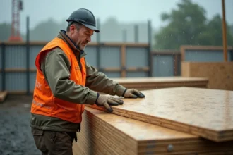 Ouvrier inspectant des panneaux OSB extérieurs livrés sous la pluie sur un chantier de construction