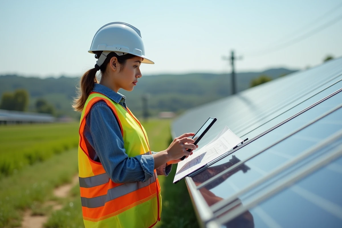 Ingénieure vérifie des panneaux solaires en extérieur avec tablette