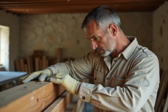 Charpentier inspectant des galeries de capricorne des maisons dans une poutre en bois d'une ancienne ferme française