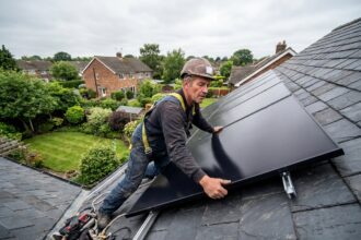 Homme couvreur installant panneaux solaires sur toit en ardoise