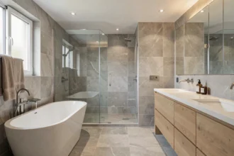 Salle de bain moderne rénovée en Seine-et-Marne avec baignoire îlot, douche à l'italienne et meuble double vasque en bois