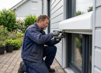 Homme professionnel installant un volet roulant blanc à l'extérieur