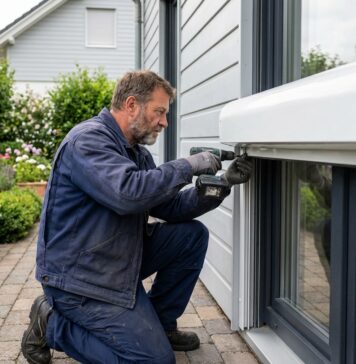 Pourquoi faire appel à un professionnel pour l’installation de volets roulants Homme professionnel installant un volet roulant blanc à l'extérieur