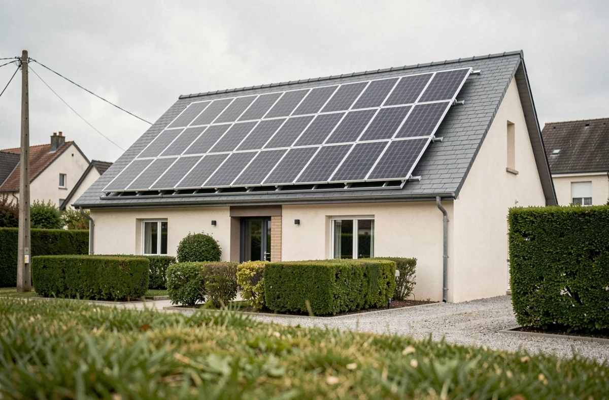 Installation complète de panneaux solaires Voltec Solar sur le toit d'une maison individuelle en banlieue française