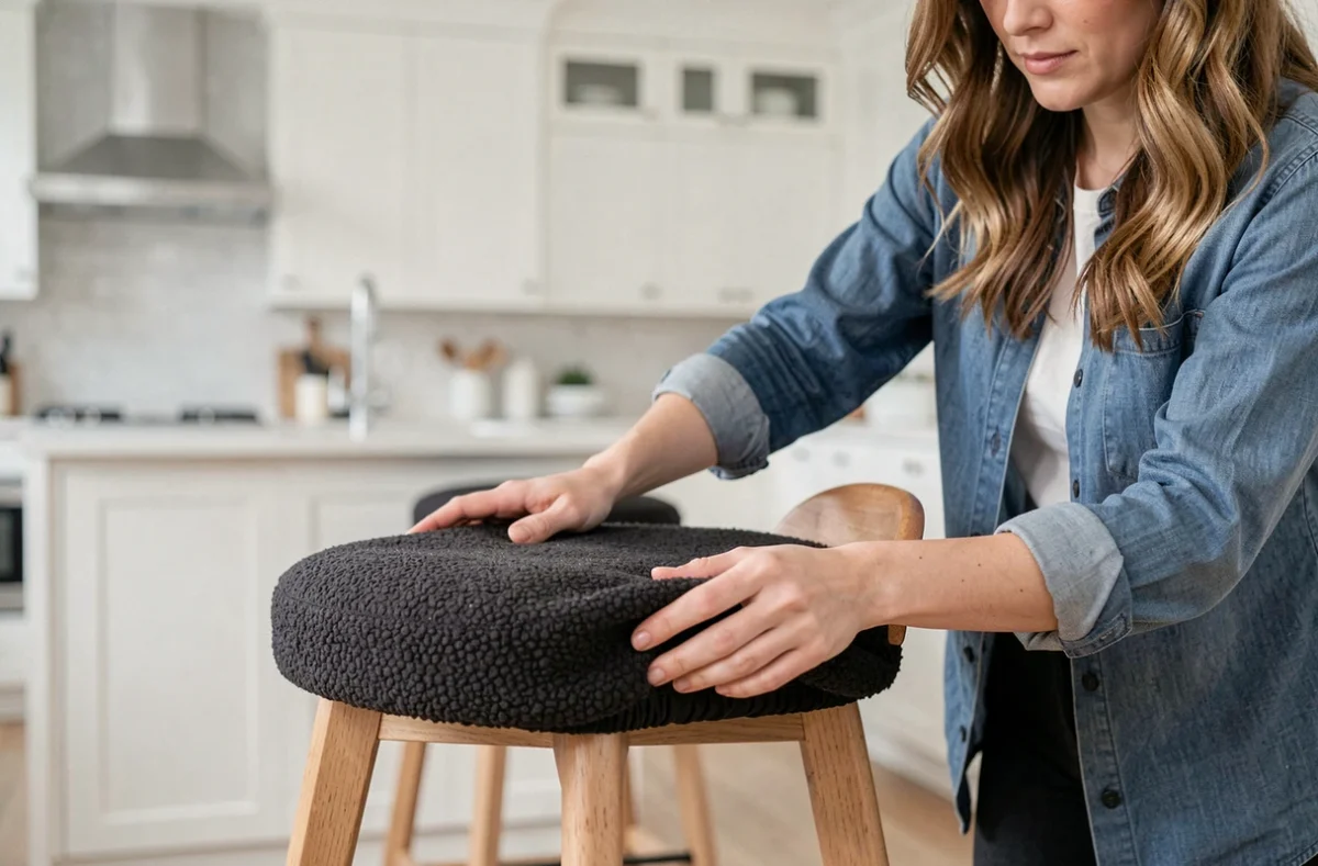 Femme installant une housse de tabouret de bar en tissu bouclé anthracite dans un espace salon salle à manger moderne
