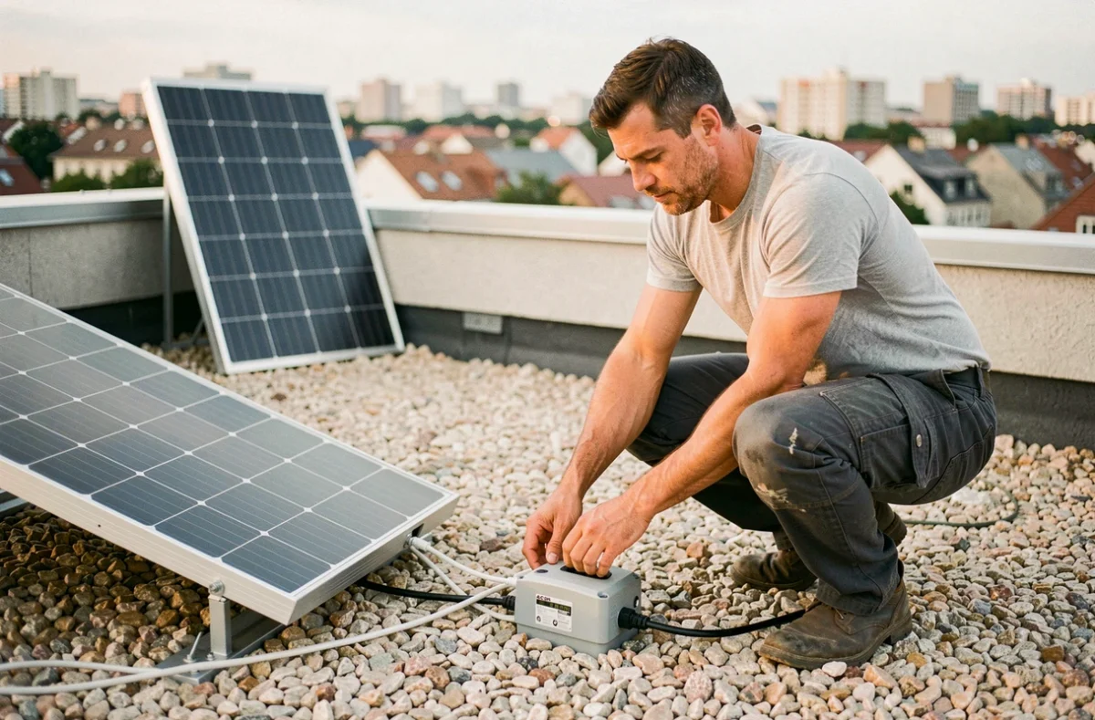 Homme installant lui-même un panneau solaire plug and play 400W sur une terrasse de toit en milieu urbain