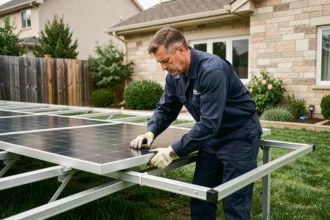 Technicien installant un panneau solaire au sol dans un jardin résidentiel