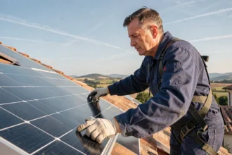 Installateur professionnel posant un panneau solaire Voltec Solar sur un toit de maison individuelle en France