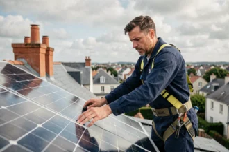 Technicien installant des panneaux solaires sur un toit de maison à Nantes sous un ciel nuageux