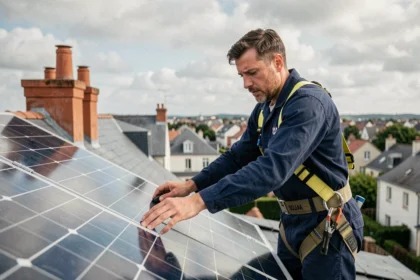 Technicien installant des panneaux solaires sur un toit de maison à Nantes sous un ciel nuageux