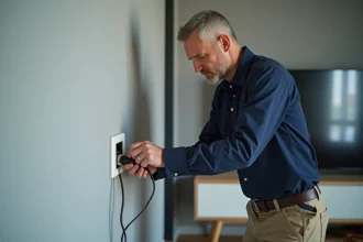 Électricien en train de connecter un câble coaxial sur une prise murale pour antenne TV dans un salon moderne