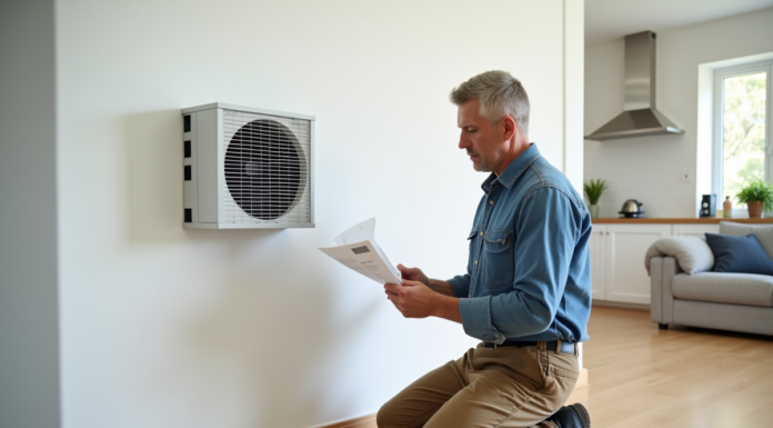 Homme lisant manuel d'installation d'un ventilateur dans un salon lumineux