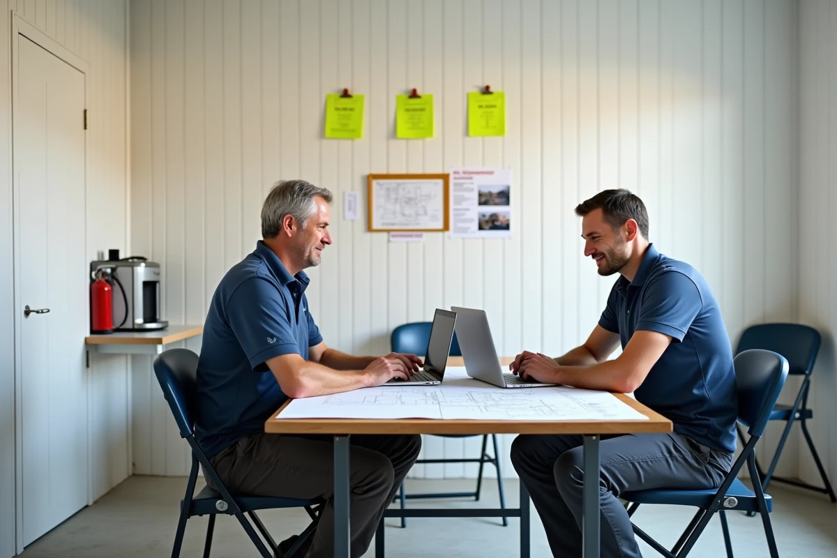 Intérieur d'un bungalow de chantier avec deux professionnels BTP consultant des plans architecturaux
