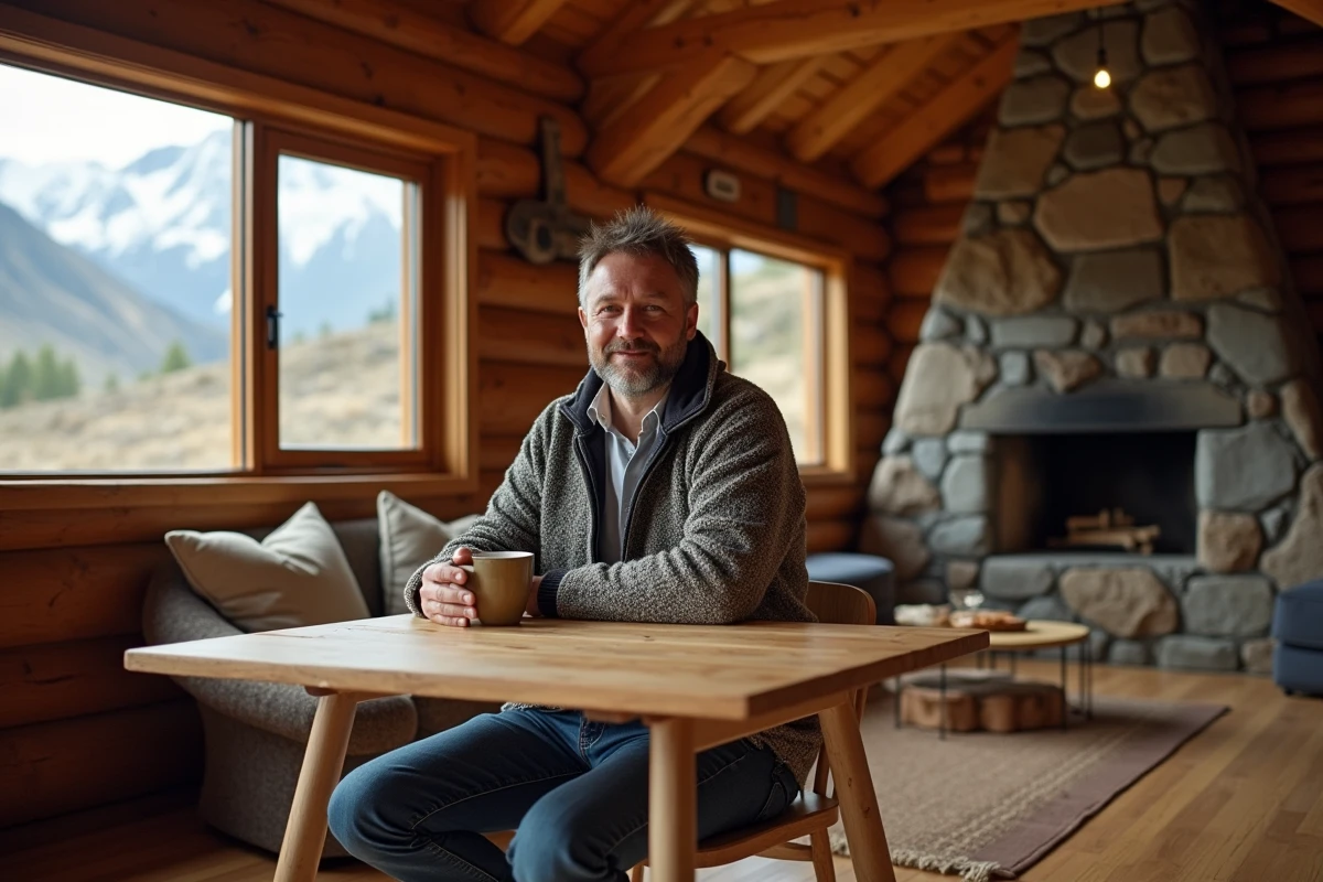 Homme dans une cabane en bois avec tasse en main
