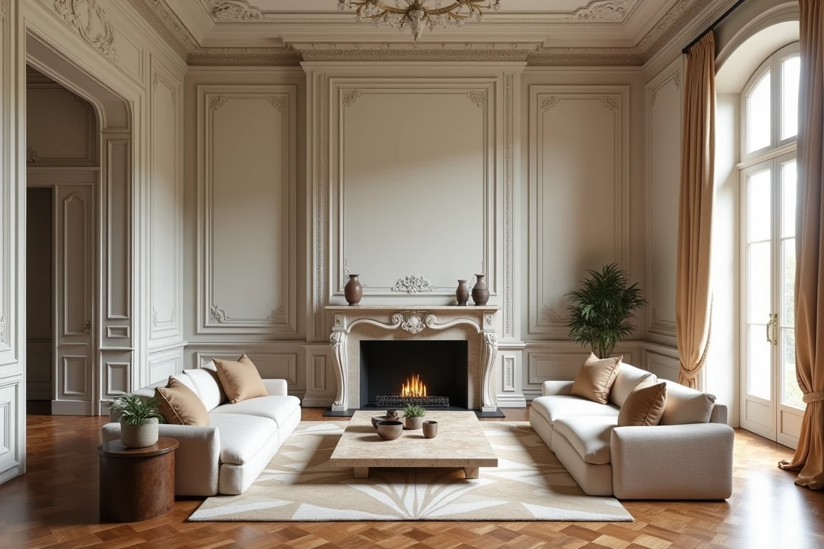 Intérieur raffiné d'une villa de luxe française avec cheminée en marbre, parquet ancien et plafonds à caissons sculptés, typique de l'immobilier de prestige