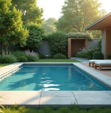 L’art de transformer son jardin en espace bien-être avec une piscine Jardin paisible avec piscine contemporaine et plantes vertes