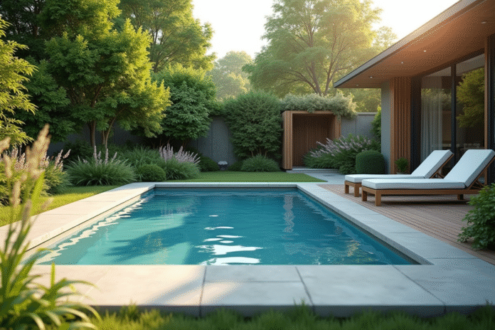 jardin-piscine-contemporaine Jardin paisible avec piscine contemporaine et plantes vertes