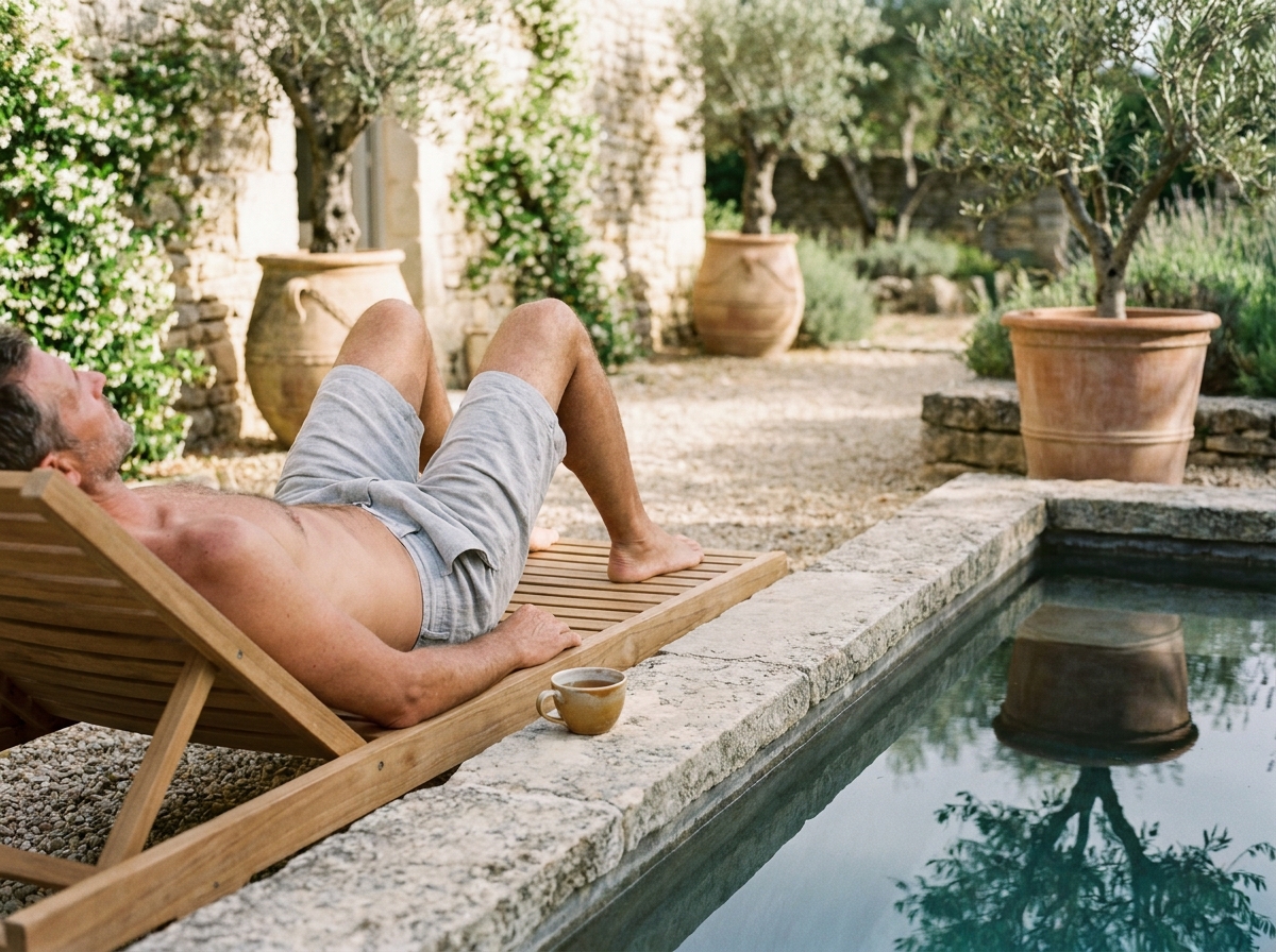 Homme en pause détente sur une chaise longue en teck au bord d'un bassin de plongeon dans un jardin méditerranéen style spa
