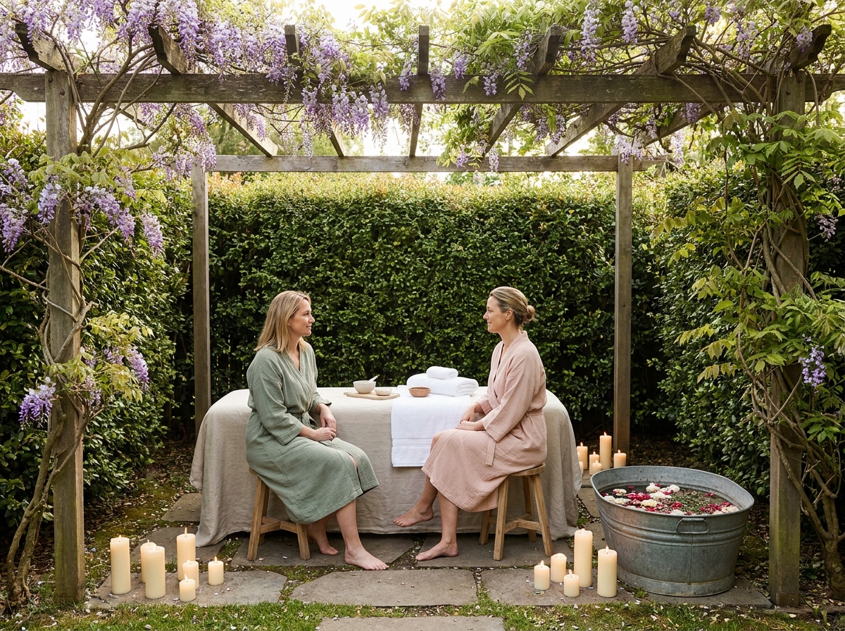 Deux femmes profitant d'un espace spa aménagé dans un jardin avec pergola en glycine, table de massage extérieure et bain de fleurs