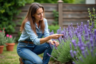 Jardiniere au lavandin avec des insectes sur les feuilles