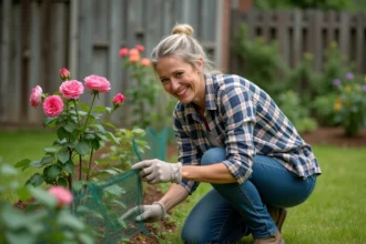 Femme jardinant avec filet de protection pour rosiers