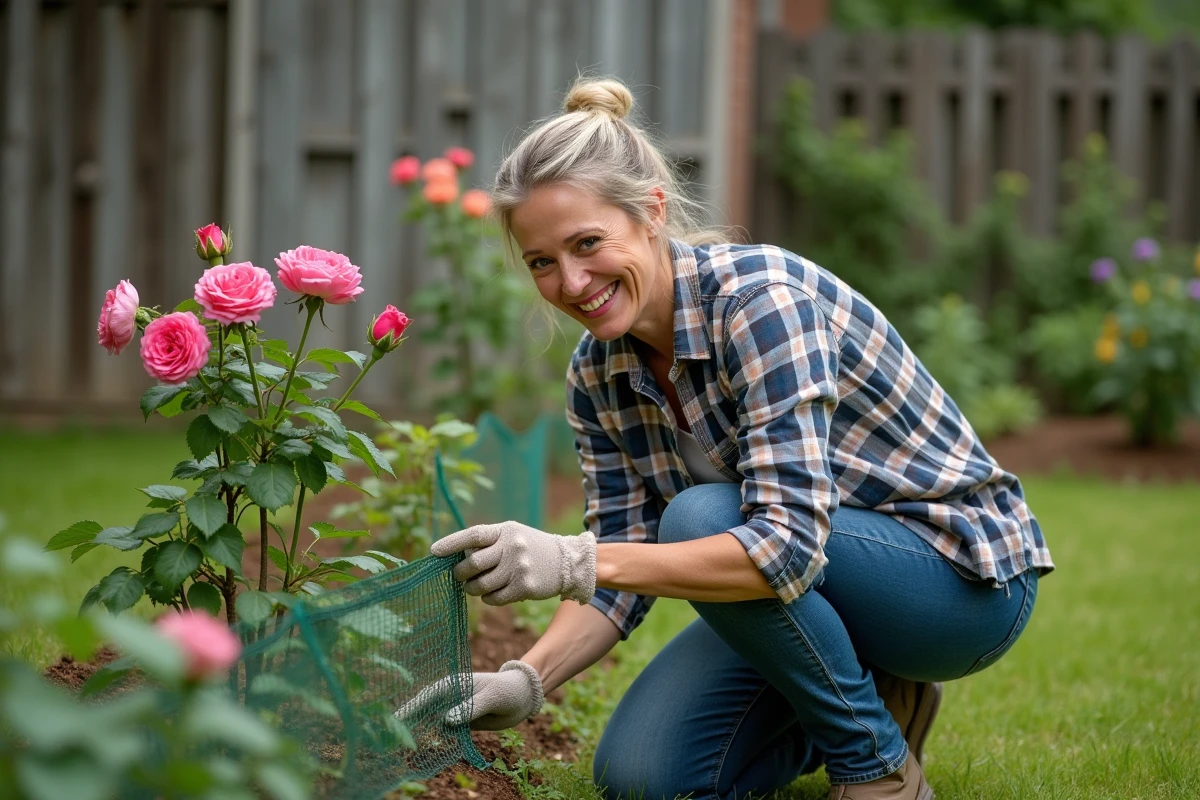 Femme jardinant avec filet de protection pour rosiers