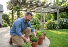 Transformer son extérieur en un espace fonctionnel et esthétiquement plaisant Homme dans son jardin contemporain arrangeant des plantes en pot