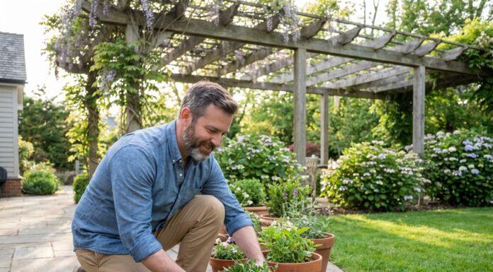 Homme dans son jardin contemporain arrangeant des plantes en pot