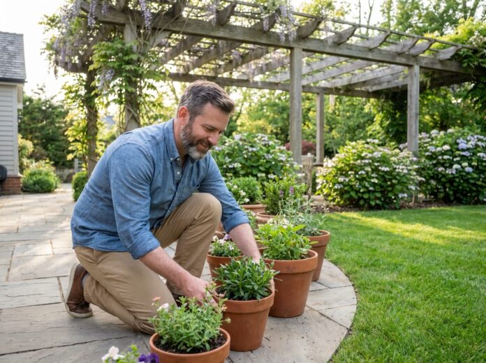 Homme dans son jardin contemporain arrangeant des plantes en pot
