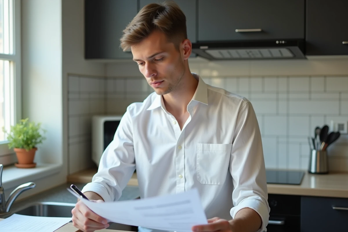 Jeune actif consultant une attestation de domicile imprimée dans sa cuisine d'appartement en ville