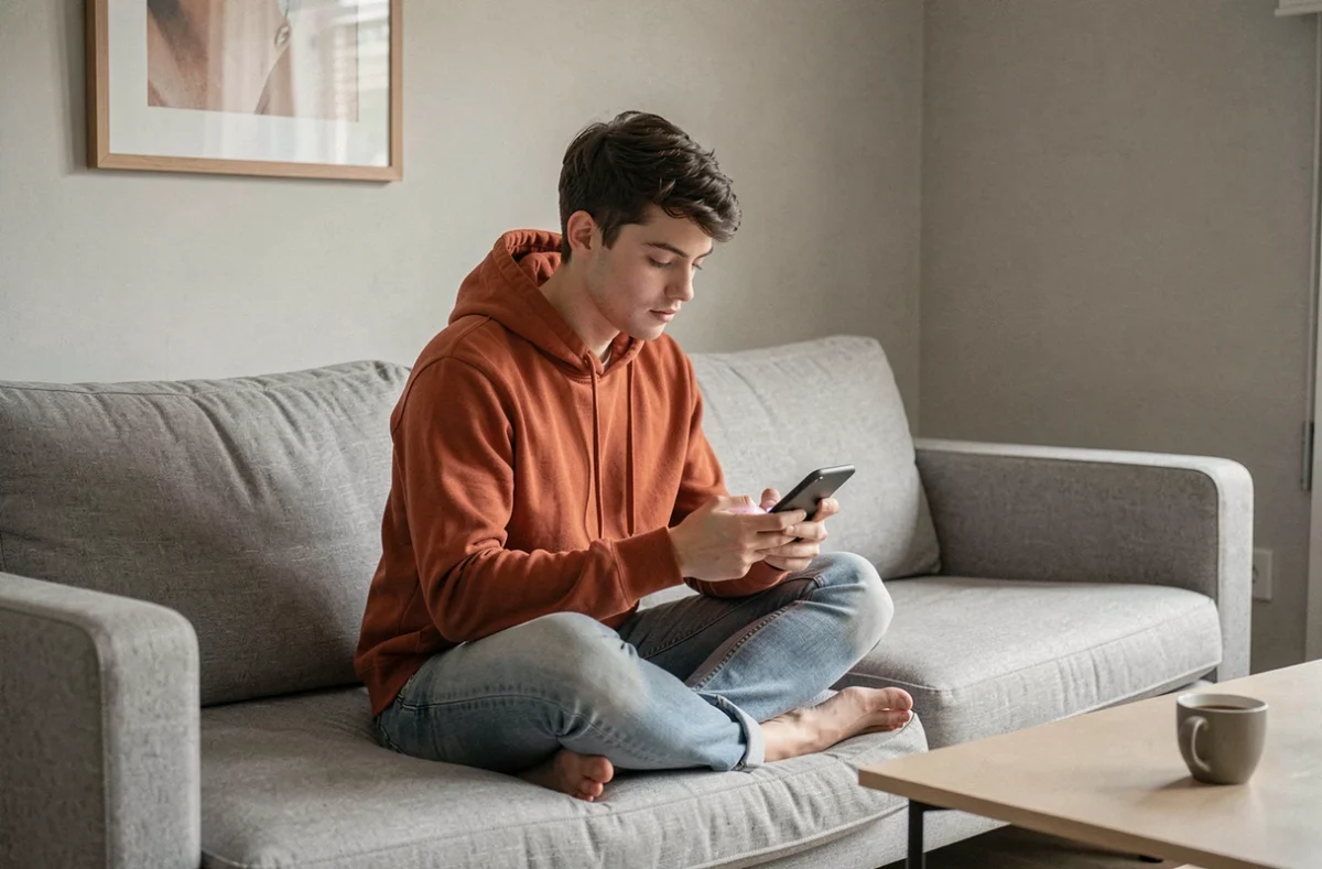 Jeune adulte utilisant un smartphone pour obtenir un justificatif de domicile gratuit via une application administrative officielle