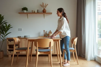 Jeune femme arrangeant des chaises autour d'une table dans un appartement moderne