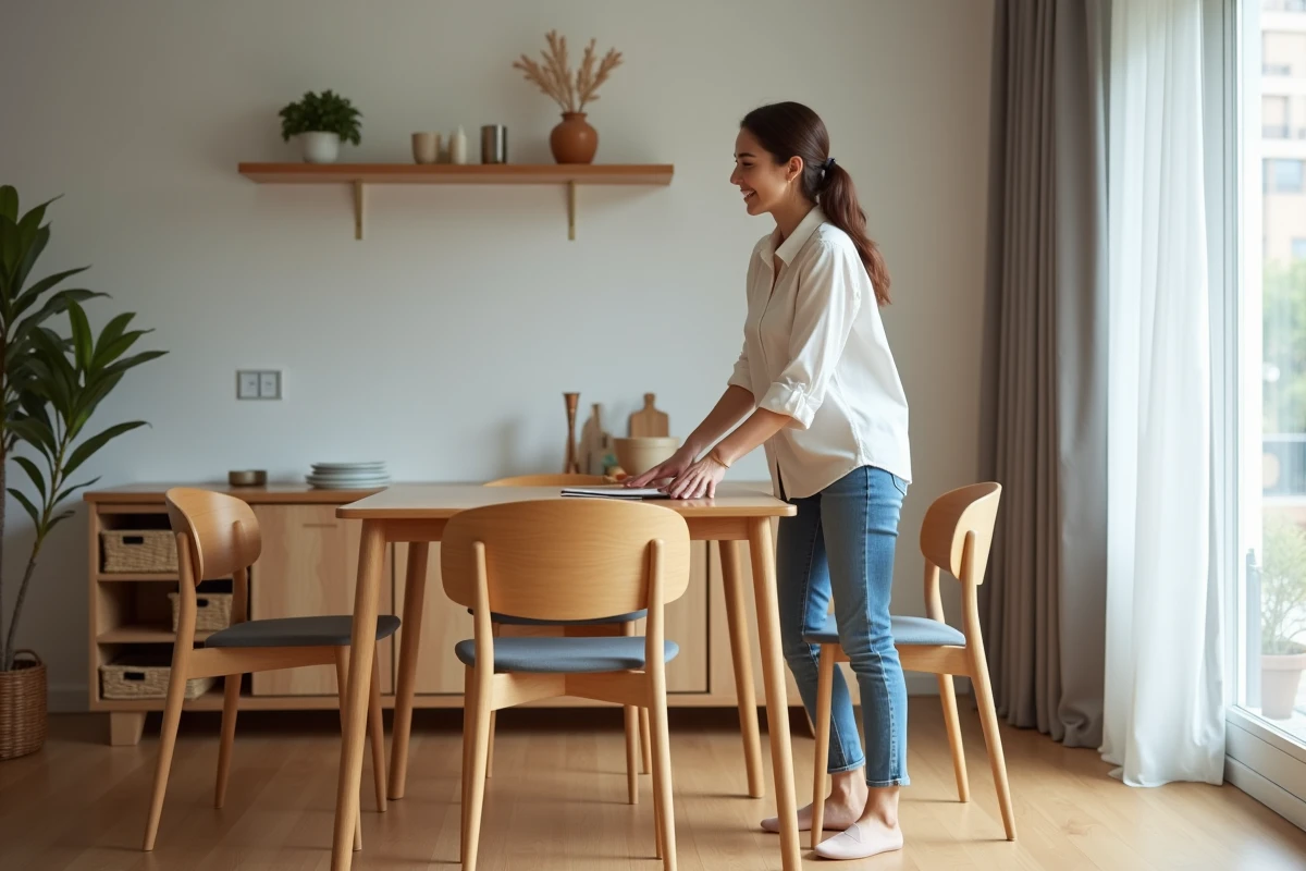 Jeune femme arrangeant des chaises autour d'une table dans un appartement moderne